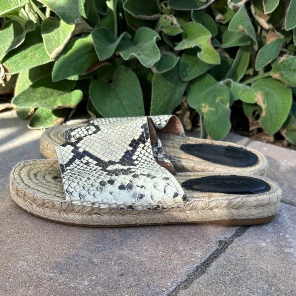 Coach Claudia Snakeskin Espadrille Slides in Black‎ and Cream 6.5